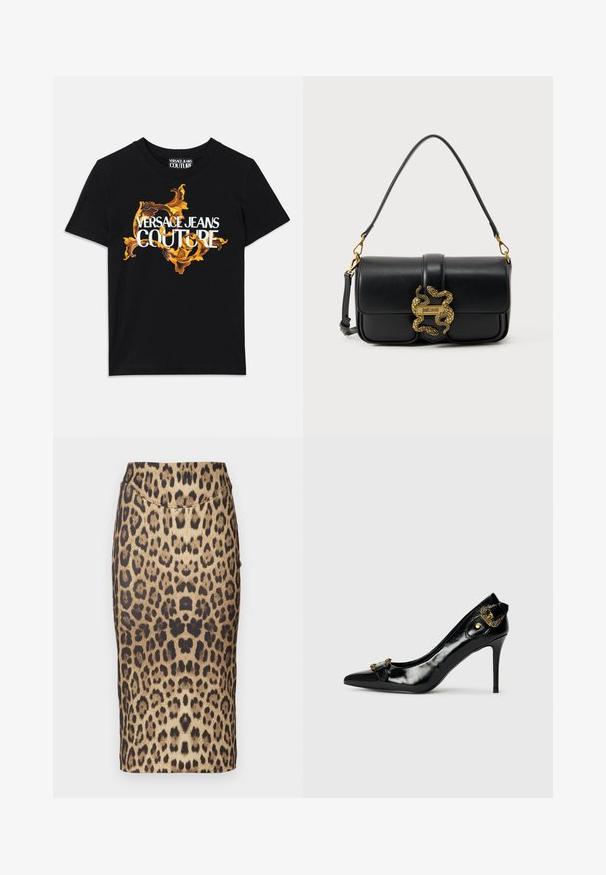 Zwarte katoenen t-shirt met witte tekst "VERSACE JEANS COUTURE" en een sierlijk gouden ontwerp rond de tekst, korte mouwen, ronde halslijn.; Een kokerrok met luipaardprint, met een aansluitend ontwerp, een middelhoge taille en een gladde textuur. Het patroon bestaat uit verschillende bruine en zwarte vlekken.; Zwarte gepatenteerde leren hoge hak schoen met een spitse neus, een strikdetail aan de voorkant en een decoratieve goudkleurige hardware accent aan de achterkant.; Zwarte leren schoudertas met gouden dubbele slangensluiting en "Just Cavalli" logo op de voorklep.