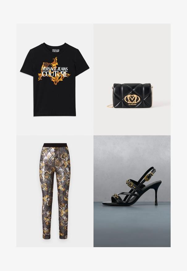 T-shirt en coton noir avec le texte blanc "VERSACE JEANS COUTURE" et un design doré orné entourant le texte, manches courtes, col rond.; Leggings noirs et dorés avec un motif en diamant orné de sequins, une taille élastique et des accents floraux élaborés.; Sandale noire à talons hauts avec des ornements en clous dorés et une boucle décorative en or, présentée au-dessus d'une surface extérieure carrelée avec des plantes en arrière-plan.; Sac à main en cuir noir matelassé avec bandoulière chaîne dorée et grand logo doré Love Moschino sur le devant.