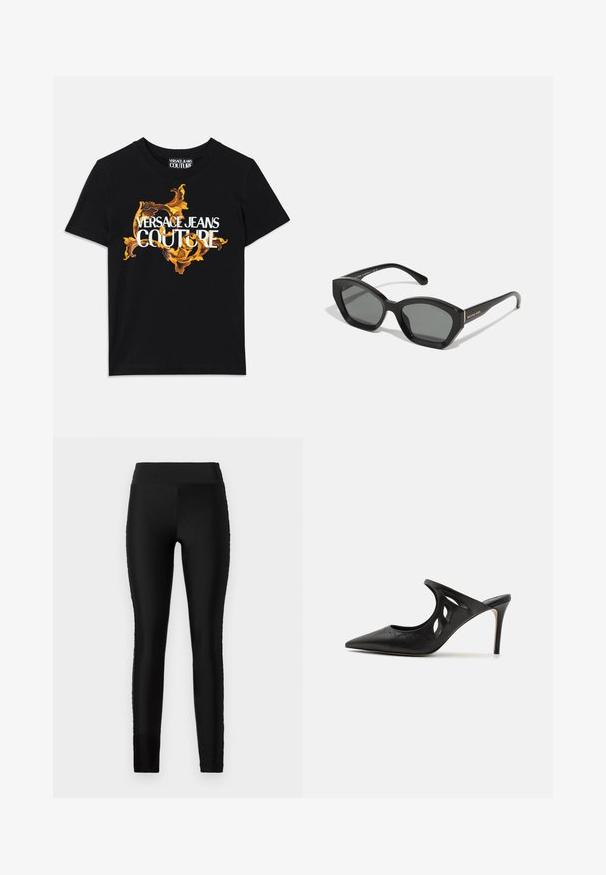 Sort bomulds t-shirt med hvid tekst "VERSACE JEANS COUTURE" og et overdådigt guld design omkring teksten, korte ærmer, rund halsudskæring.; Sorte leggings med et glat, strækbart stof, høj talje og en tætsiddende design. Uden synlige mønstre eller accenter.; Sorte læder højhælede mules med spids tå, udskåret sideskærm og glat tekstur. Stiletthæl og subtil syning.; Sorte rektangulære solbriller med en markant vinkelramme, mørkegrå linser og et subtilt brandlogo på stangen.