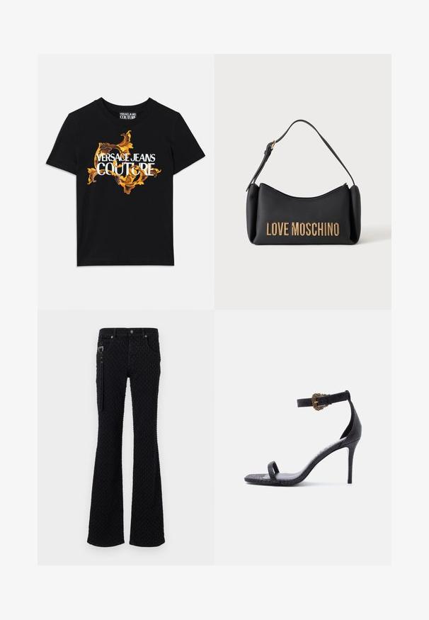 Čierne bavlnené tričko s bielym textom "VERSACE JEANS COUTURE" a bohatým zlatým dizajnom okolo textu, krátke rukávy, okrúhly výstrih.; Čierne rozšírené džínsy s textúrovanou látkou s jemným vzorom, striebornými detailmi a prednými vreckami. Zips na boku.; Čierna vysoká sandála na opätku s tenkým remienkom okolo členku s ozdobnou zlatou prackou a jedným remienkom cez prsty, s textúrovaným koženým povrchom.; Čierna kabelka Moschino so zlatým nápisom a krátkym ramenným remienkom na bielom pozadí.