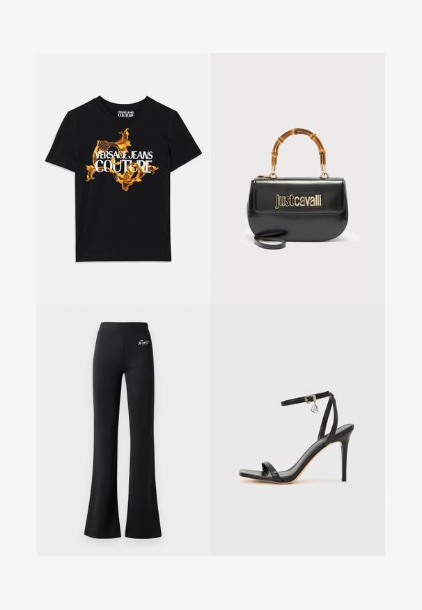 Sort bomulds t-shirt med hvid tekst "VERSACE JEANS COUTURE" og et overdådigt guld design omkring teksten, korte ærmer, rund halsudskæring.; Sorte flagrende bukser lavet af glat stof. Har et elastisk taljebånd og et lille hvidt logo på hoften. Enkel design, ingen synlige mønstre.; Sort hæl-sandal med smal ankrem, firkantet tå-boks, glat lædermateriale og metalspænde som pynt.; Sort læderhåndtaske med guld "Just Cavalli"-logo foran og buet bambushåndtag, med aftagelig lang rem.