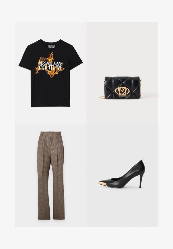 Must musta T-särk, millel on valge tekst "VERSACE JEANS COUTURE" ja elegantne kuldne disain teksti ümber, lühikesed varrukad, ümar kaelus.; Pruunid mustriga püksid tekstuuriga viimistlusega, millel on kohandatud lõige, voldid ja sirged jalad. Kujunduses on geomeetriline muster.; Mustmust suured mõõgapead; pöidla kurgus on metallist kullatooni aktsent. Sile pind ja peen disain.; Must nahast tikandiga käekott kuldse kettrihmaga ja suure kullast Love Moschino logoga ees.