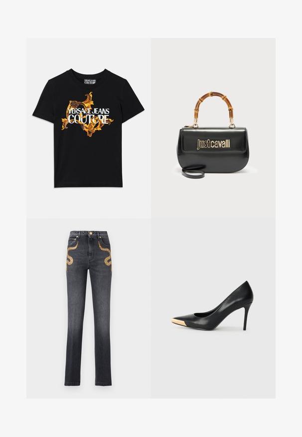 Μαύρο βαμβακερό t-shirt με λευκό κείμενο "VERSACE JEANS COUTURE" και περίτεχνο χρυσό σχέδιο που περιβάλλει το κείμενο, κοντά μανίκια, στρογγυλή λαιμόκοψη.; Μαύρο τζιν ψηλόμεσο με ίσια γραμμή και σχέδια φίδι από χρυσές παγιέτες στις μπροστινές τσέπες και κλείσιμο με χρυσό κουμπί.; Μαύρη δερμάτινη γόβα με ψηλό τακούνι και μυτερή μύτη. Διαθέτει μεταλλική χρυσή λεπτομέρεια στο καπάκι της μύτης. Λείο επιφάνεια με κομψό σχέδιο.; Μαύρη δερμάτινη τσάντα χειρός με χρυσό λογότυπο "Just Cavalli" στο μπροστινό μέρος και καμπυλωτή λαβή από μπαμπού, με αποσπώμενο μακρύ λουρί.