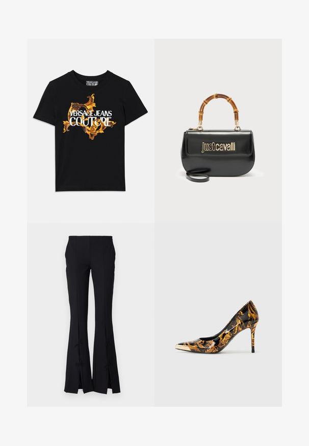 Schwarzes Baumwoll-T-Shirt mit weißem Text "VERSACE JEANS COUTURE" und einem ausgefallenen goldenen Design, das den Text umrahmt, mit kurzen Ärmeln und Rundhalsausschnitt.; Schwarze ausgestellte Hosen aus einem glatten Stoff, mit Schlitzen am Saum, die mit Schleifen gebunden sind, um zusätzliche Details zu verleihen.; Spitz zulaufender High Heel Schuh mit glatter schwarzer Oberfläche, verziert mit goldenen Blumenmustern und einer metallischen Goldkappe an der Zehe.; Schwarze Lederhandtasche mit goldenem "Just Cavalli"-Logo auf der Vorderseite und gebogenem Bambusgriff, ausgestattet mit einem abnehmbaren langen Riemen.
