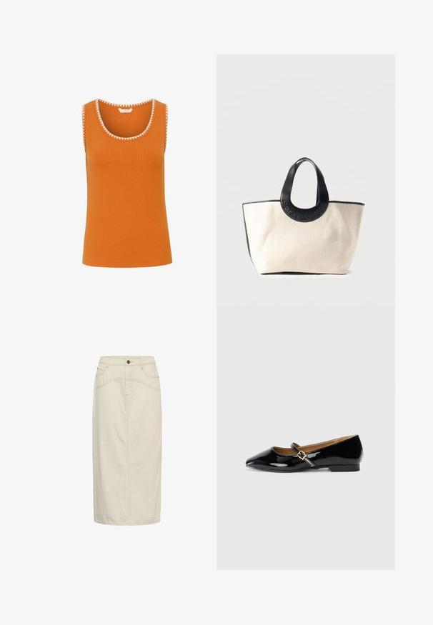 Mouwloos oranje geribd tanktop met witte driehoekige bies langs de halslijn en armsgaten, met een scoopneck ontwerp.; Beige knielange rok met knopen en rits aan de voorkant, riemlussen en een gestikt gebogen detail boven de zakken.; Zwarte patenten leren ballerina met een spitse neus, enkelband met een goudkleurige gesp en een lage blokhak. Glad, glanzend oppervlak.; Beige canvas tas met zwarte lederen afwerking en afgeronde handvatten, geperst met het "SAMSOE SAMSOE" logo.
