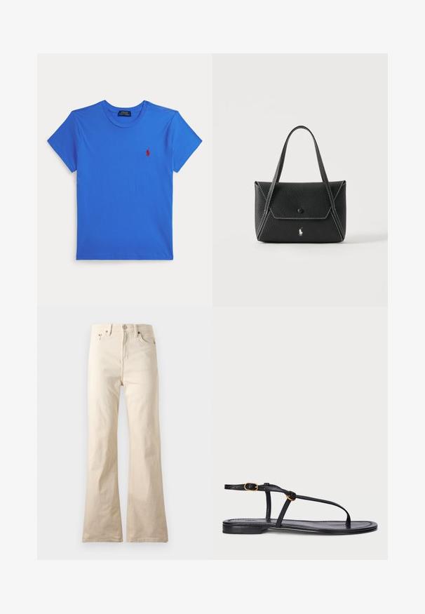 Sinine lühikeste varrukatega ümarakaelusega t-särk, millel on vasakul rinnal väike punane Polo Ralph Lauren logo, valgel taustal.; Beežid kõrge vöökohaga sirge säärega püksid ees nööbi ja lukuga, ees- ja tagataskutega, esitatud ühevärvilisel taustal.; Must have musta sandaalid minimalistlikus disainis. Omab õhukesi rihmasid, varbapost, kuldseid detaili rõhuasetusi ja sileda, tekstuuriga tallat.; Mustast nahast käekott kahe sangaga, esiklapiga, millel on nööbi sulgur, valged õmblused ja väike hobuse logo ühevärvilisel taustal.