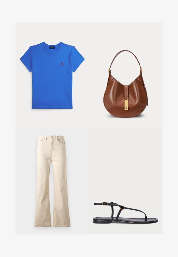 Blaues T-Shirt mit kurzen Ärmeln und Rundhalsausschnitt, mit kleinem rotem Polo Ralph Lauren-Logo auf der linken Brust, auf weißem Hintergrund dargestellt.; Beige, hoch taillierte Hose mit geradem Bein, vorne mit Knopf und Reißverschluss sowie vorne und hinten Taschen, auf schlichtem Hintergrund dargestellt.; Schwarze flache Sandale mit minimalistischem Design. Sie verfügt über dünne Riemen, einen Zehensteg, goldene Akzente und eine glatte, strukturierte Sohle.; Braune Lederhandtasche mit geschwungener Form, einem Riemen und einem goldenen rechteckigen Verschluss mit kleinem Pferdelogo auf der Vorderseite.