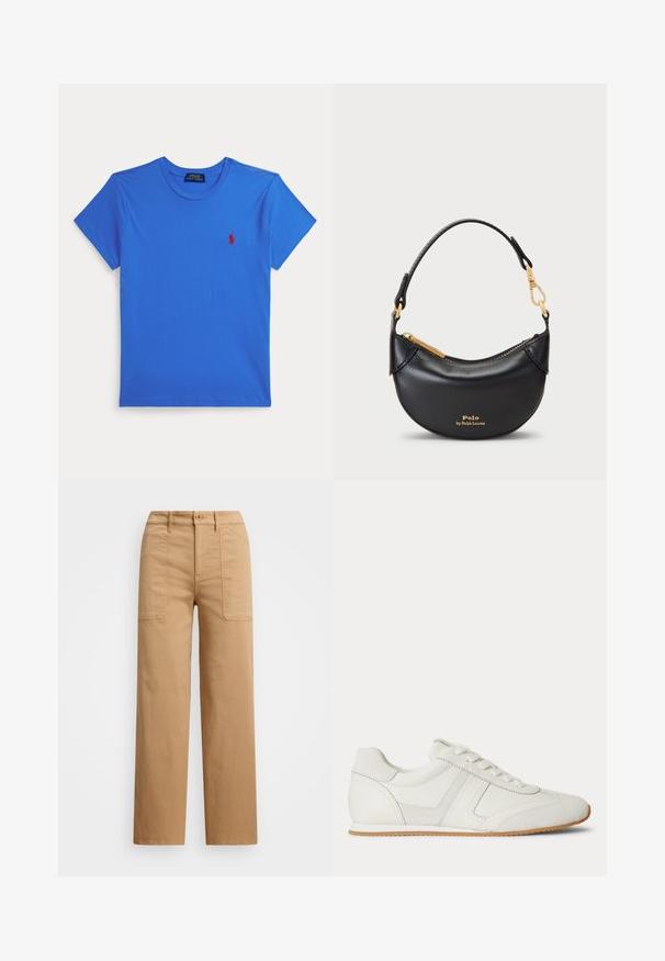 Camiseta azul de manga corta y cuello redondo con pequeño logotipo rojo de Polo Ralph Lauren en el pecho izquierdo, mostrada sobre fondo blanco.; Pantalones de algodón beige con pierna recta, que cuentan con un cierre de botón, bolsillos frontales y detalles de costura visibles.; Zapatilla blanca de corte bajo con cordones en la parte frontal, paneles de ante y cuero, y una suela de goma marrón claro sobre un fondo blanco.; Bolso de mano de cuero negro con una silueta curvada, cremallera de metal y un asa corta. Cuenta con herrajes dorados y un logo grabado en la parte frontal.