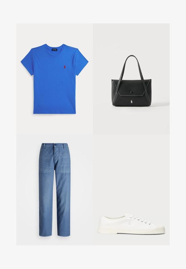 Sinine lühikeste varrukatega ümarakaelusega t-särk, millel on vasakul rinnal väike punane Polo Ralph Lauren logo, valgel taustal.; Heledad sinine teksapüks, sirge jala disainiga, kahe eesmine taskuga ja nööbiga kinnitus vööl. Sile tekstuur.; Valge kanga tennisetoss, millel on ümmargune varvas, ketti sulgemine ja peen logo detail. Omab tekstuurset kangast ja kummist talla.; Mustast nahast käekott kahe sangaga, esiklapiga, millel on nööbi sulgur, valged õmblused ja väike hobuse logo ühevärvilisel taustal.