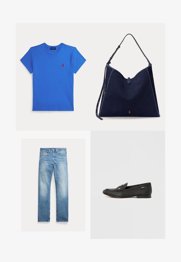 Blå t-shirt med korte ærmer og rund hals med lille rødt Polo Ralph Lauren-logo på venstre bryst, vist på hvid baggrund.; Lyseblå straight-leg jeans med let falmning, fem-lomme-design og synligt Polo-mærke på linningen.; Sort læderloafer med tekstureret finish, penny keeper-detalje, slank profil, diskret branding på siden og lav, flad hæl.; Mørkeblå stor taske med justerbar skulderrem og lille gyldent hestelogo i bunden midt på.