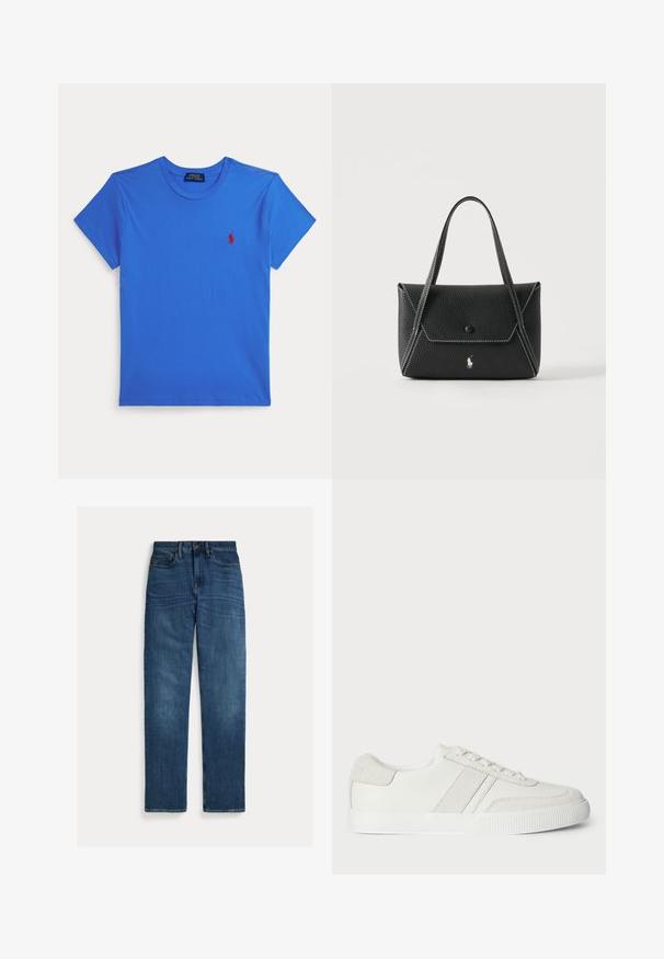 Blaues T-Shirt mit kurzen Ärmeln und Rundhalsausschnitt, mit kleinem rotem Polo Ralph Lauren-Logo auf der linken Brust, auf weißem Hintergrund dargestellt.; Straight-leg blaue Denim-Jeans mit fünf Taschen, Knopfverschluss und subtilen Verwaschungen an Oberschenkeln und Knien, flach auf weißem Hintergrund gelegt.; Weiße Sneaker mit einem Obermaterial aus glattem Leder, Wildlederakzenten und flachen Schnürsenkeln. Verfügt über eine strukturierte Gummisohle und ein minimalistisches Design.; Schwarze Lederhandtasche mit zwei Griffen, Frontklappe mit Knopfverschluss, weißen Nähten und kleinem Pferdelogo auf schlichtem Hintergrund.