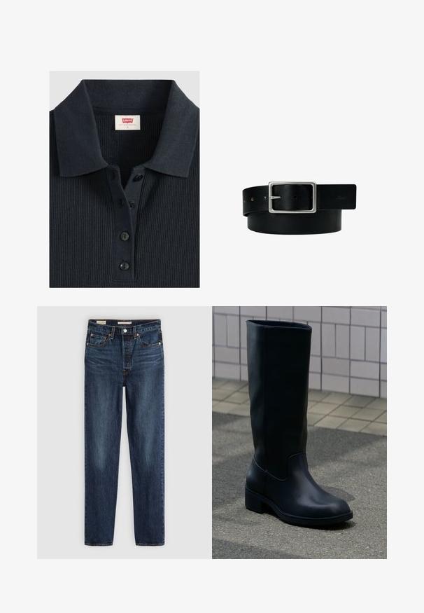 Dunkelmarineblaues, geripptes Poloshirt mit Kragen und dreiknöpfiger Knopfleiste, mit Levi's-Etikett im Nackenbereich, Größe klein.; Dunkelblaue gerade geschnittene Jeans mit fünf Taschen, Knopf- und Reißverschluss und kontrastierenden Nähten.; Hoher schwarzer Lederstiefel mit niedrigem klobigem Absatz, stehend auf Pflaster neben gefliestem Wandhintergrund.; Schwarzer Ledergürtel mit silberner rechteckiger Schnalle und mehreren Verstelllöchern, flach auf weißem Hintergrund liegend.