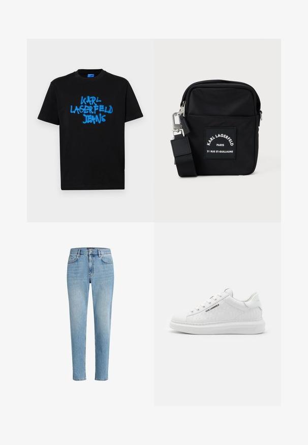 T-shirt noir en coton à manches courtes, avec un texte "KARL LAGERFELD JEANS" en bleu spray sur le devant dans un style graffiti audacieux.; Jeans en denim bleu clair avec une coupe décontractée, un design à cinq poches et un léger effet de vieillissement. Comprend une étiquette de marque près de la taille.; Baskets blanches en cuir lisse avec motif gaufré. Présentent un bout rond, un laçage à l'avant et une semelle texturée. Détail du logo argenté sur le côté.; Sac en nylon noir en bandoulière, de forme rectangulaire, avec une étiquette de poche à l'avant, des éléments en métal argenté et une sangle ajustable.