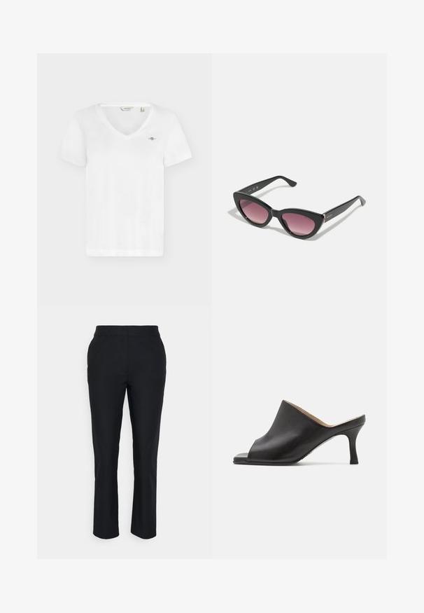 Weißes T-Shirt mit kurzen Ärmeln und V-Ausschnitt, mit kleinem besticktem Logo auf der linken Brustseite und GANT Markenlabel innen am Kragen.; Schwarze maßgeschneiderte Hose mit geradem Bein, aus glattem Stoff. Verfügt über einen Bund ohne sichtbare Verschlüsse oder Taschen.; Selected ASHLEY - Pantolette hoch - black; Cats Eye Sonnenbrillen mit schwarzen Kunststoffrahmen und einem verlaufenden rosafarbenen Glas. Verfügt über ein glänzendes metallisches Logo-Detail am Bügel.