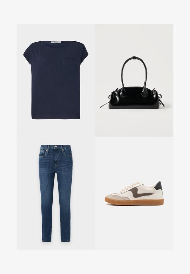 T-shirt à manches courtes bleu marine en tissu léger. Dispose d'une poche unique sur le côté gauche et d'un design à coupe décontractée.; Jean en denim bleu foncé avec une coupe slim, design à cinq poches, accents en cuivre sur les boutons et légères décolorations à l'avant. Ourlet propre et taille standard.; Baskets avec une tige en cuir crème, un accent en suède marron foncé, des lacets beiges et une semelle en caoutchouc beige ; design classique à profil bas.; Petit sac à main noir brillant avec deux longues anses et des détails à cordon sur les côtés sur un fond clair uni.