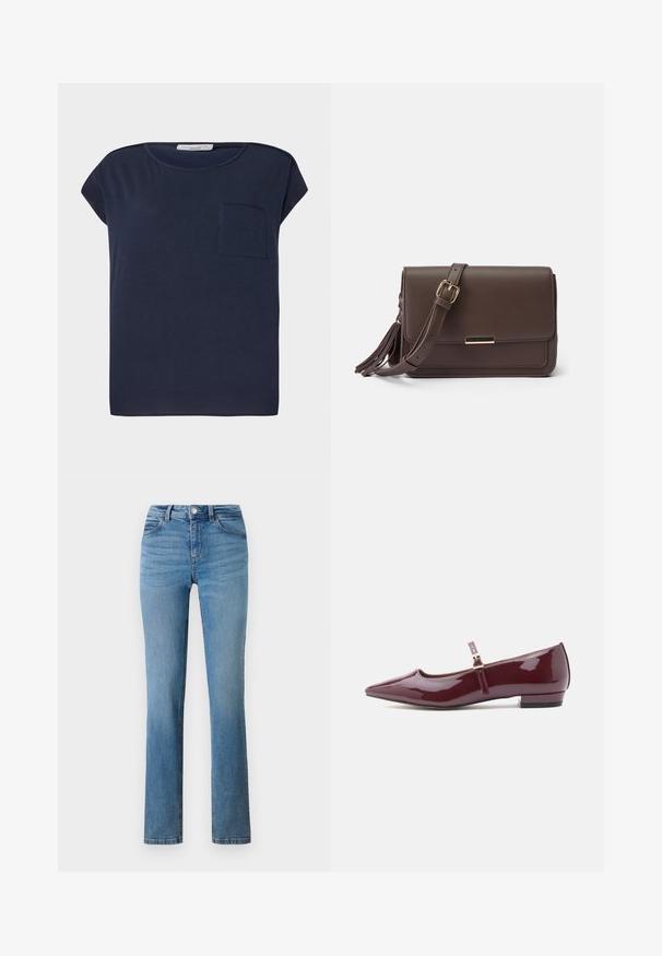 Marineblå kortærmet T-shirt lavet af letvægtsstof. Har en enkelt lomme på venstre side og en afslappet pasform.; Lyseblå denimjeans med lige ben, forsynet med lynlås, knaplukning og syede lommer foran og bagpå.; Lystige bordeaux patenterede læder Mary Jane flade sko med spids tå, flad hæl og en rem med en lille spænde detalje.; Brun faux læder crossbody taske med klaplukning, hardware i guldtone og sidepompom detalje. Justerbar rem for alsidig brug.