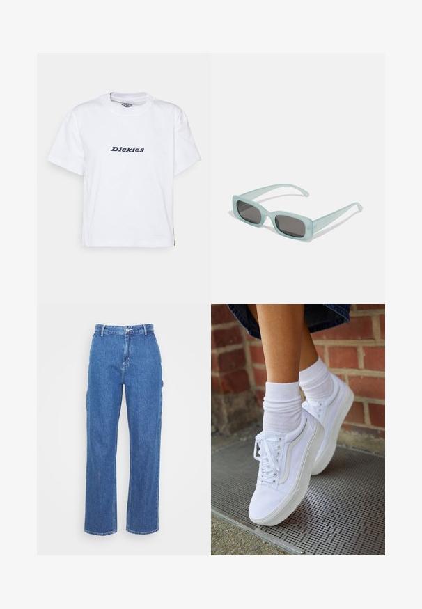 Dickies LORETTO TEE - T-shirts print - white; Blå denim bukser med høj talje og lige ben, der har en frontknaplukning og sidelommer. Glat tekstur uden synlige mønstre.; Hvide lærreds sneakers med gummisåler, der har seks snørehuller, rund tå og let sømdetaljer, krydret med hvide ankelstrømper.; Et par rektangulære solbriller med lyseblå gennemsigtige stel og mørkegrå linser, der har lige templer og minimale hardware detaljer.