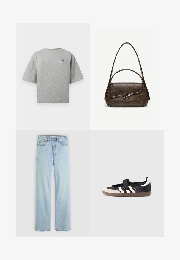 Lichtgrijs T-shirt met korte mouwen en ronde hals met een klein donkerblauw schrijflogo op de linkerborst.; Lichtblauwe denim jeans met een recht model, voorzien van vijf zakken, een klassieke ritsopening en zichtbare stikselaccenten.; Zwart-beige sneaker met een klittenbandsluiting, drie witte strepen aan de zijkant en een getextureerde bruine rubberen zool. Merkembleem zichtbaar.; Donkerbruine lederen handtas met textuur, twee hengsels, afgeronde rechthoekige vorm en zilveren cirkelvormige sluiting op de voorflap.