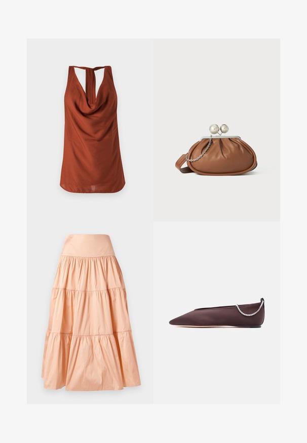 Top sans manches de couleur rouille avec un col drapé, un dos dégarni et un tissu lisse. Le design présente une coupe décontractée et sans motifs visibles.; Jupe en cascade de couleur pêche, fabriquée dans un matériau léger. Elle présente une large taille élastique et une texture douce plissée sur l'ensemble.; Chaussure plate marron foncé à bout pointu avec un petit talon et un détail chaîne en strass argentée à l'arrière.; Pochette en cuir marron avec un fermoir à boule en argent et un petit détail en chaîne argentée sur fond blanc.