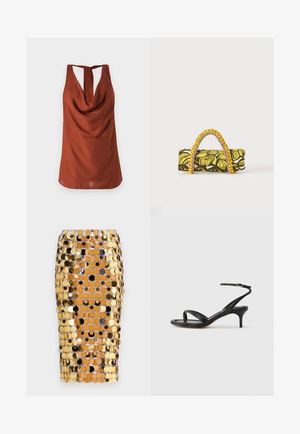 Rustfarvet ærmeløs top med draperet halsudskæring, åben ryg og glat stof. Designet har en afslappet pasform og ingen synlige mønstre.; Rabanne Pencil skirt - brown/black; Sort damesandal i læder med tynde remme, en tå-loop, ankelspænde og en mellemhøj stiletthæl på en neutral baggrund.; Rektangulær taske med gult og sort blomsterprint og flettet gul og pink hank på hvid baggrund.