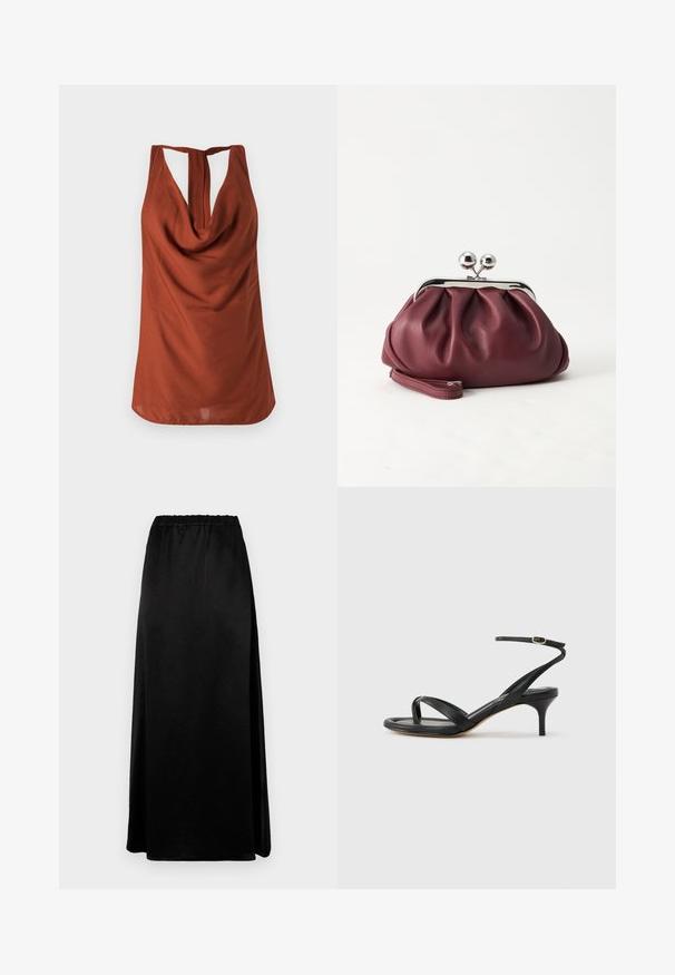Top sans manches de couleur rouille avec un col drapé, un dos dégarni et un tissu lisse. Le design présente une coupe décontractée et sans motifs visibles.; Jupe longue noire avec une texture lisse et froissée, dotée d'une taille élastique. Présente une fente sur le côté pour plus de liberté de mouvement et une silhouette élégante.; Sandale pour femme en cuir noir avec fines lanières, une boucle d'orteil, une boucle à la cheville et un talon aiguille de hauteur moyenne sur un fond neutre.; Petit sac pochette en cuir bordeaux avec fermoir métallique argenté et bracelet sur fond blanc.
