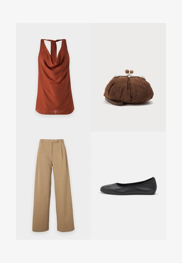 Top sans manches de couleur rouille avec un col drapé, un dos dégarni et un tissu lisse. Le design présente une coupe décontractée et sans motifs visibles.; Pantalons à jambes larges de couleur marron clair, fabriqués en tissu texturé. Présentent des plis à l'avant et une taille ajustée. Design simple sans matériel visible.; Ballerines en cuir noir avec un bout rond, texture lisse, détails de couture minimalistes et design de semelle flexible.; Petit sac poignet en daim marron doux avec cadre en métal argenté et boules rondes marron de fermeture sur fond clair uni.