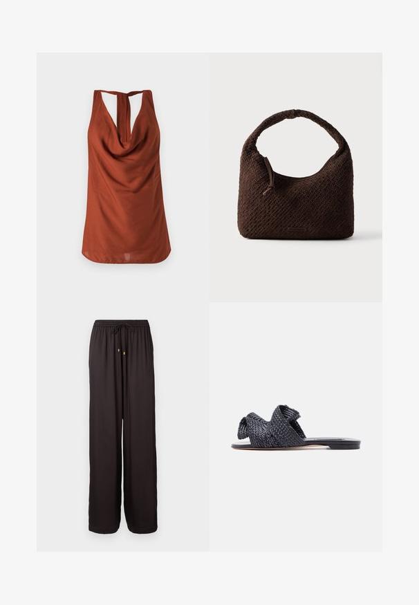 Rostfarbenes ärmelloses Oberteil mit drapiertem Ausschnitt, offener Rückseite und glattem Stoff. Das Design zeichnet sich durch einen lockeren Schnitt und keine sichtbaren Muster aus.; Locker sitzende schwarze Hose mit elastischem Bund und Zugband mit goldfarbigen Spitzen, mit vollem Bein und geradem Schnitt.; Schwarze flache Sandale in Slide-Form mit geflochtenem Riemen, der sich über den oberen Teil kreuzt, und offenem Zehendesign auf weißem Hintergrund.; Braune gewebte Handtasche mit rundem Griff, gefertigt aus strukturiertem Material. Verfügt über einen Reißverschluss und ein kleines Logo-Detail.
