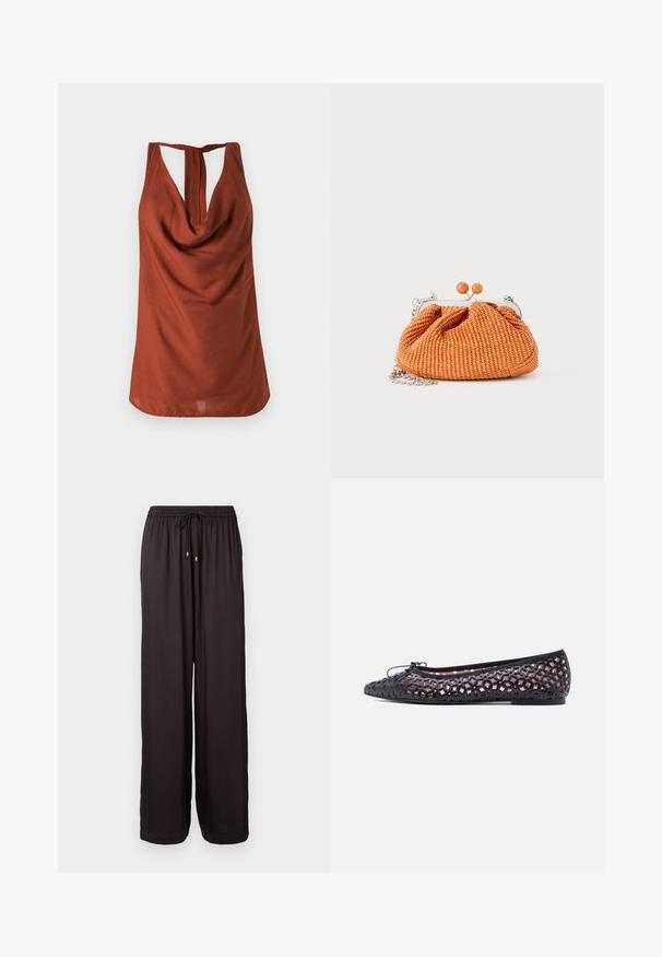 Rostfarbenes ärmelloses Oberteil mit drapiertem Ausschnitt, offener Rückseite und glattem Stoff. Das Design zeichnet sich durch einen lockeren Schnitt und keine sichtbaren Muster aus.; Locker sitzende schwarze Hose mit elastischem Bund und Zugband mit goldfarbigen Spitzen, mit vollem Bein und geradem Schnitt.; Schwarze Ballerinas mit lasergefrästen geometrischen Mustern, weicher Textur, abgerundetem Zehenbereich und einer kleinen Schleife auf der Vorderseite.; Kleine orangefarbene gewebte Clutch-Handtasche mit silbernem Metallrahmen, rundem Verschluss und silberner Kettenriemen auf weißem Hintergrund.