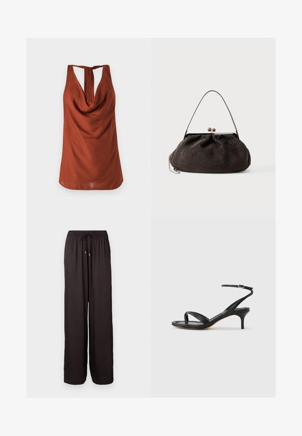 Top sin mangas de color óxido con escote drapeado y espalda descubierta, confeccionado en una tela suave. El diseño presenta un corte holgado y sin patrones visibles.; Pantalones negros holgados con cintura elástica y cordón con puntas en tono dorado, de largo completo y corte recto.; Sandalia negra de cuero para mujer con tiras finas, un lazo para el dedo del pie, hebilla en el tobillo y tacón de aguja de altura media sobre un fondo neutro.; Bolso pequeño de color marrón oscuro con textura, con una correa corta, marco metálico y cierre de broche, descansando sobre un fondo claro y liso.