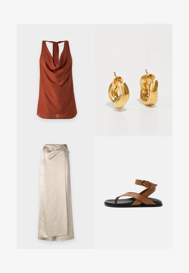 Top sans manches de couleur rouille avec un col drapé, un dos dégarni et un tissu lisse. Le design présente une coupe décontractée et sans motifs visibles.; Jupe longue beige en tissu brillant et texturé. Elle présente un design enveloppant avec un accent en nœud sur le côté et un ourlet net.; Sandale plate avec semelle noire, boucle d’orteil en cuir marron, brides croisées, bride à la cheville et boucle dorée sur fond neutre.; Boucles d'oreilles créoles en or massif avec un design tubulaire légèrement tordu et des fermoirs à tige sur un fond blanc.