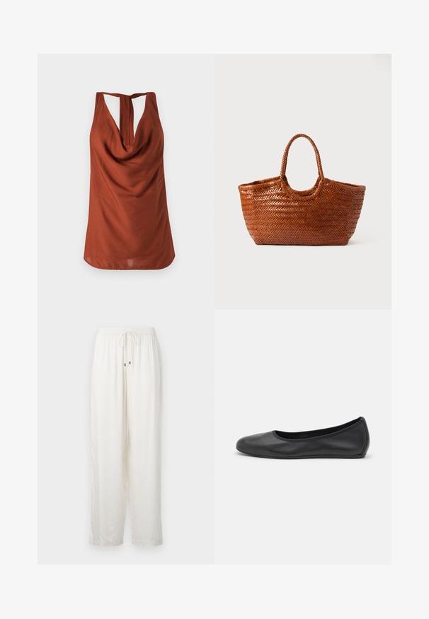 Top sans manches de couleur rouille avec un col drapé, un dos dégarni et un tissu lisse. Le design présente une coupe décontractée et sans motifs visibles.; Pantalons blancs légers et amples avec une taille élastique et un cordon de serrage. Présente un subtil éclat et un design à jambe droite.; Ballerines en cuir noir avec un bout rond, texture lisse, détails de couture minimalistes et design de semelle flexible.; Sac fourre-tout tissé de couleur marron avec une forme large, des poignées tressées et une surface texturée. Il présente un sommet arrondi et un intérieur ouvert.