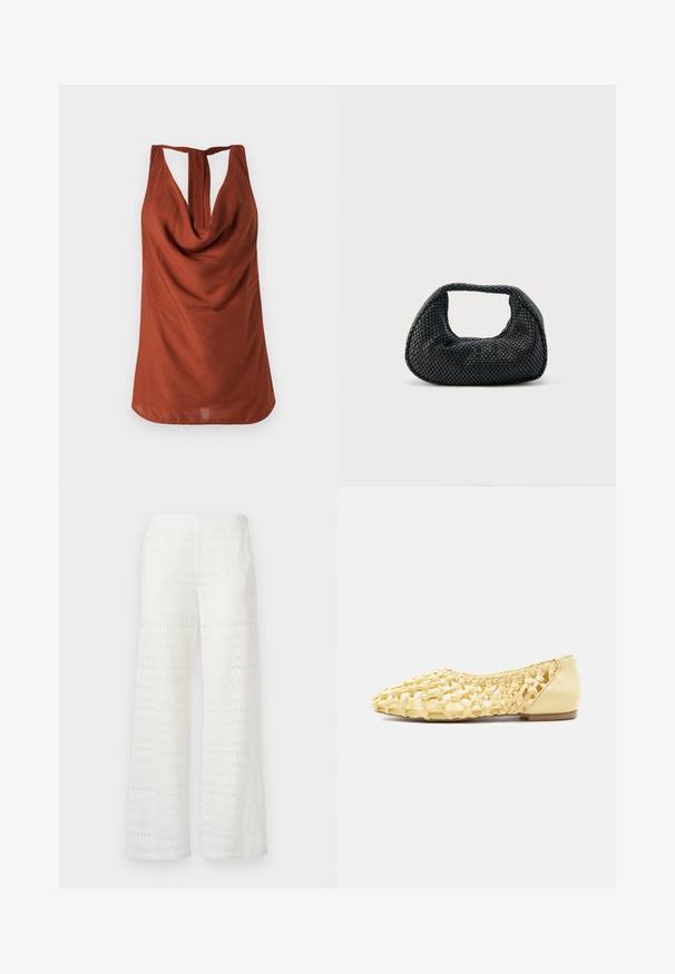 Ruskofärgad ärmlös top med draperad halsringning, öppen rygg och slät tyg. Designen har en avslappnad passform och inga synliga mönster.; Valkoiset leveälahkeiset housut, joissa on kirjailtuja kuvioita, silmukkateknologiaa ja teksturoitu pinta; valmistettu kevyestä kankaasta hengittävyyden vuoksi.; Vaaleankeltainen kudottu nahkainen tasapohjainen kenkä, jossa suljettu kanta ja avoin ritilämalli, sopii vapaa-ajan käyttöön.; Musta kudottu hobo-laukku, jossa on pehmeä rakenne ja integroitu kahva, esillä yksinkertaisella vaalealla taustalla.