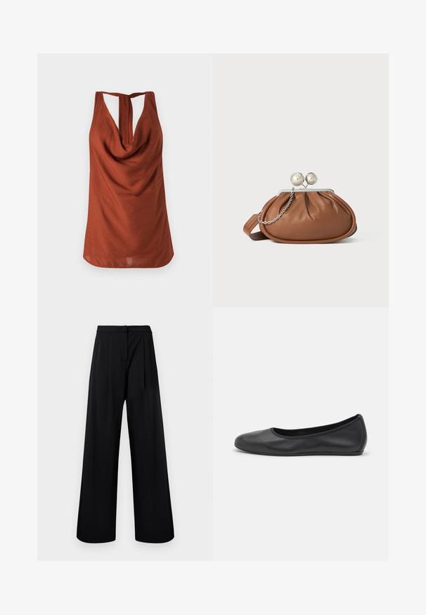 Top sin mangas de color óxido con escote drapeado y espalda descubierta, confeccionado en una tela suave. El diseño presenta un corte holgado y sin patrones visibles.; Pantalones de pierna ancha negros, hechos de una tela suave, con cintura alta y detalles de pliegues. Sin adornos ni patrones visibles.; Bailarina de piel negra con punta redondeada, textura suave, detalle de costura minimalista y diseño de suela flexible.; Bolso de mano de cuero marrón con cierre de bola plateada y un pequeño detalle de cadena plateada sobre un fondo blanco.