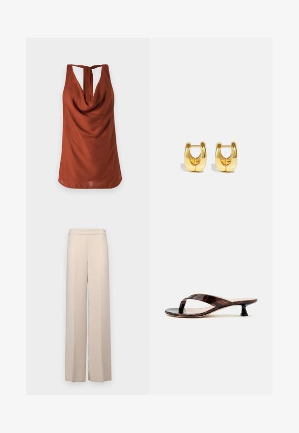 Rustfarvet ærmeløs top med draperet halsudskæring, åben ryg og glat stof. Designet har en afslappet pasform og ingen synlige mønstre.; Beige vidde bukser i et glat stof med høj talje og subtile frontfolder. Ingen lommer eller synlige hardware detaljer.; Brun skildpaddeskal kitten heel sandal med snorrestram og firkantet tå på en ensfarvet lys baggrund.; Guld hoops øreringe med et slankt, afrundet design. Har en hul midte og en blank overflade, der komplementerer moderne stilarter.