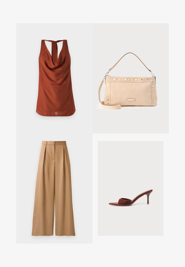 Top sans manches de couleur rouille avec un col drapé, un dos dégarni et un tissu lisse. Le design présente une coupe décontractée et sans motifs visibles.; Pantalons évasés en tissu beige avec des rayures blanches verticales. Comprend des plis à la taille et une texture lisse.; Mule marron en satin à bout ouvert avec un talon moyen fin et un design facile à enfiler sur un fond clair uni.; Sac à main en daim beige avec accents de clous métalliques, un design plat et une bandoulière amovible pour différentes options de port.