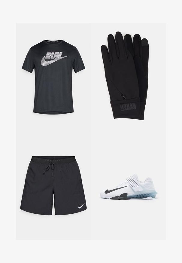 Schwarzes Sport-T-Shirt aus atmungsaktivem Stoff, mit großem weiß gestreiftem "RUN"-Schriftzug und Nike-Swoosh-Logo auf der Vorderseite.; Nike Laufshorts aus schwarzem Stoff mit elastischem Bund und Kordelzug, zwei Seitentaschen und einem weißen Logoakzent.; Weißer Sportschuh mit schwarzem Nike-Swoosh, Obermaterial aus Mesh, drei schwarzen Streifen und einer verlaufenden Sohle von Blau nach Transparent. Verfügt über verstärkte Akzente.; Schwarze Handschuhe mit elegantem Design, ausgestattet mit einer Reißverschlusstasche, einer strukturierten Daumen-Spitze für die Nutzung von Touchscreens und einer weichen Stoffoberfläche.