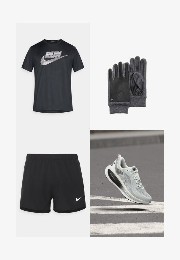 T-shirt sportif noir en tissu respirant, avec un grand texte "RUN" rayé blanc et le logo swoosh de Nike sur le devant.; Shorts de sport noirs en tissu léger. Dotés d'une taille élastique et de détails perforés. Inclus un logo Nike blanc sur le côté.; Chaussure de sport gris clair avec semelle noire "ZoomX", lacets blancs et étiquette "RUN", montrée en l'air au-dessus d'un bitume avec des bandes blanches.; Gants en cuir et en tricot gris avec une paume en cuir noir texturé, des poignets côtelés et des détails en motif losange au dos.