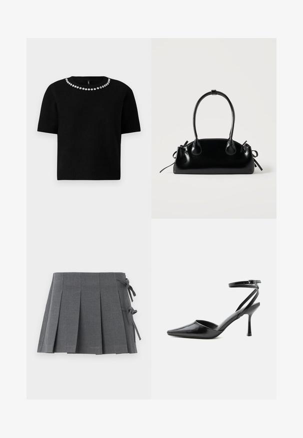 Pull noir à manches courtes avec un col rond orné d'un motif circulaire de décorations en ton argent le long de l'encolure.; Jupe mini plissée grise en tissu texturé, avec une fermeture à nouer sur un côté et une ceinture lisse pour plus de confort.; Escarpin noir à bout pointu avec fines brides de cheville et fermeture à boucle argentée sur fond clair uni.; Petit sac à main noir brillant avec deux longues anses et des détails à cordon sur les côtés sur un fond clair uni.