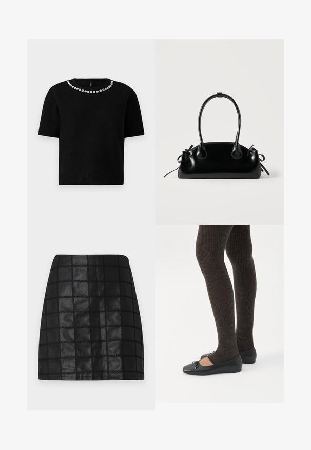 Suéter negro de manga corta con cuello redondo decorado con un patrón circular de adornos en tono plateado a lo largo del escote.; Minifalda de cuero negro con un patrón de cuadrícula texturizado, presenta costuras elevadas y una silueta ajustada. El acabado liso realza el diseño.; Piernas con leggings oscuros acanalados combinados con bailarinas negras que presentan pequeños detalles de lazo sobre un fondo blanco.; Pequeño bolso negro brillante con dos asas largas y detalles de cordón lateral sobre un fondo claro liso.