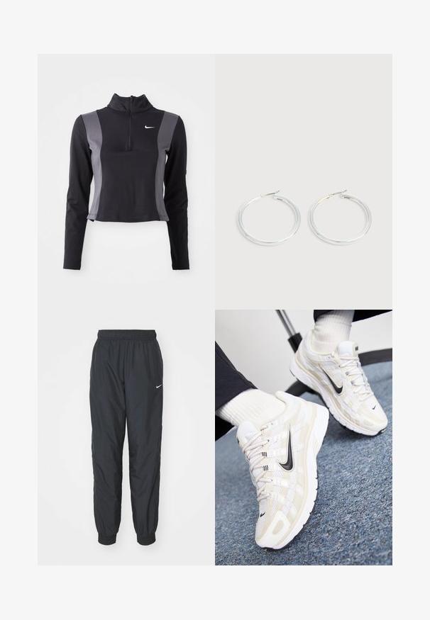 Schwarzes und graues Langarm-Oberteil mit Viertelreißverschluss und anliegendem Design, mit Nike-Logo, kontrastierenden Seiteneinsätzen und einer glatten Textur.; Schwarze Nike Jogginghosen aus leichtem Material, mit elastischem Bund und Bündchen, versehen mit einem kleinen weißen Logo am linken Bein.; Weiße und beige Nike-Sneaker mit einem Obermaterial aus Mesh, strukturiertem Overlay, schwarzem Swoosh und einer gepolsterten Sohle mit rutschfester Außensohle.; Paar glänzende silberne Creolen mit dünnen Drahtverschlüssen, dargestellt vor einem hellgrauen Hintergrund.