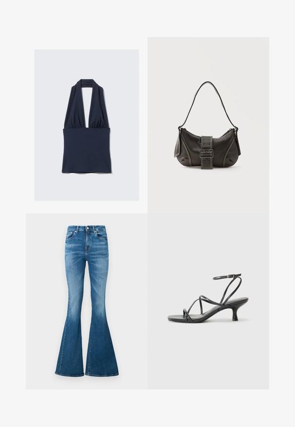 Marineblå ærmeløs top med dyb udskæring og draperet stof ved brystet, lavet af et blødt, strækbart materiale.; Udsvingede jeans lavet af middelvægt denim, med høj talje, lys blå farve, subtil falmning og klassisk fem-lomme design.; Sorte hælede sandaler med tynde stropper, åbent tådesign og en lille, flared hæl. Materialet ser glat og blankt ud.; Sort læder skuldertaske med spænde på remmen, afrundede kanter og kontrasterende hvide syninger på en ensfarvet baggrund.