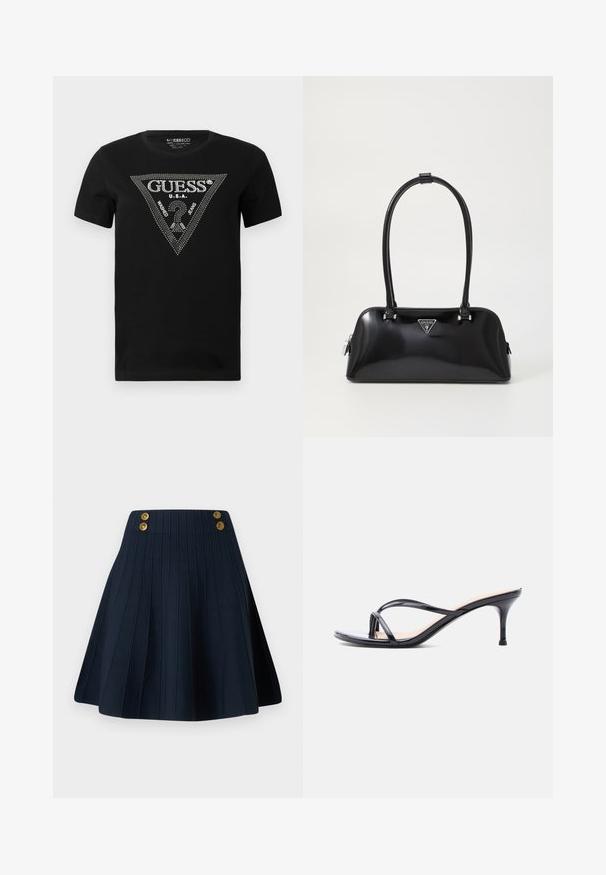 Schwarzes Baumwoll-T-Shirt mit einem Strass-Dreieck-Design und dem Text "GUESS" und "U.S.A.", Rundhalsausschnitt und kurzen Ärmeln.; Marineblauer Faltenrock aus strukturiertem Material, mit hohem Taillenbund und zwei goldenen Knöpfen vorne, die eine klare Linie und eine strukturierte Form schaffen.; Schwarze Peeptoe-Sandale aus Lackleder mit dünnen, gekreuzten Riemen und einem schlanken, mittelhohen Stilettoabsatz vor weißem Hintergrund.; Schwarz glänzende Handtasche mit geschwungener Silhouette, zwei Griffen und einem Logo-Plakette auf der Vorderseite. Reißverschlussverschluss und glänzende Hardwareakzente.