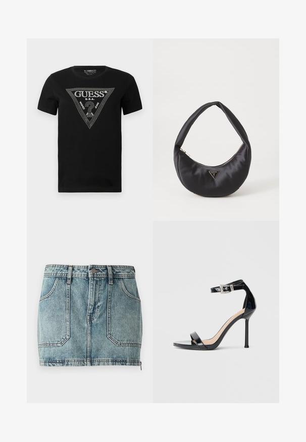 Schwarzes Baumwoll-T-Shirt mit einem Strass-Dreieck-Design und dem Text "GUESS" und "U.S.A.", Rundhalsausschnitt und kurzen Ärmeln.; Helles, blaues Denim-Minirock mit Fünf-Taschen-Design, Gürtelschlaufen, Metallknopfverschluss und kontrastierenden Nähten.; Schwarzer Riemchensandale aus Lackleder mit hohem Absatz und Knöchelriemen. Verfügt über ein minimalistisches Design, offene Zehenpartie und eine Schnalle mit Strassakzenten.; Schwarze Satin-Handtasche mit geschwungener Form, ausgestattet mit einem Reißverschluss und einem dreieckigen Metallsymbol auf der Vorderseite. Glatte Textur und elegantes Design.
