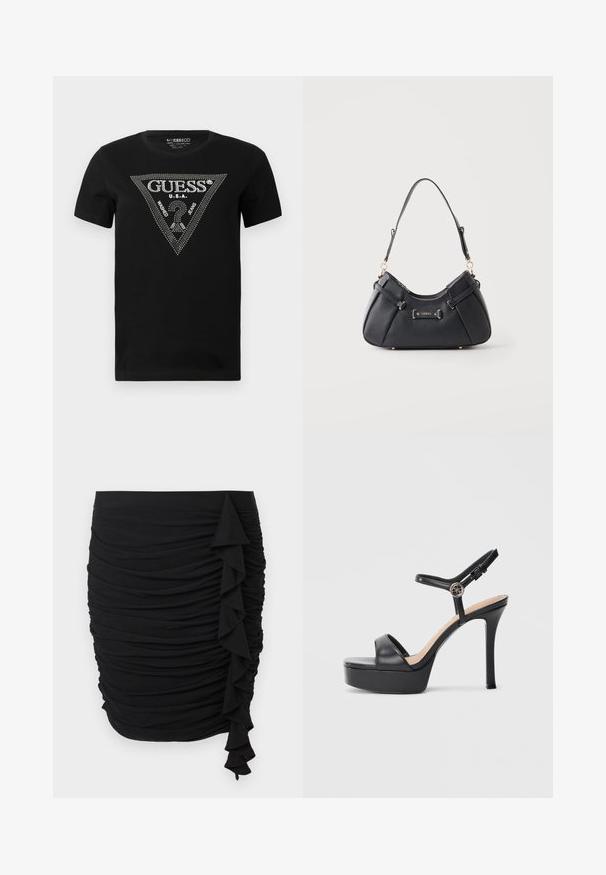 Sort bomulds t-shirt med et rhinestone trekantdesign med "GUESS" og "U.S.A." tekst, rund hals og korte ærmer.; Sort rynket nederdel med flæsedetalje på siden, lavet af strækbart stof, med en tætsiddende silhuet.; Sorte platformsandaler med høj stiletthæl, der har en glat læderoverdel, peep toe-design og en justerbar ankelrem med metalbeslag.; Sort læder skuldertaske med guldfarvet hardware og Guess-logoplaket, med en enkelt rem og lynlåslukning i toppen.