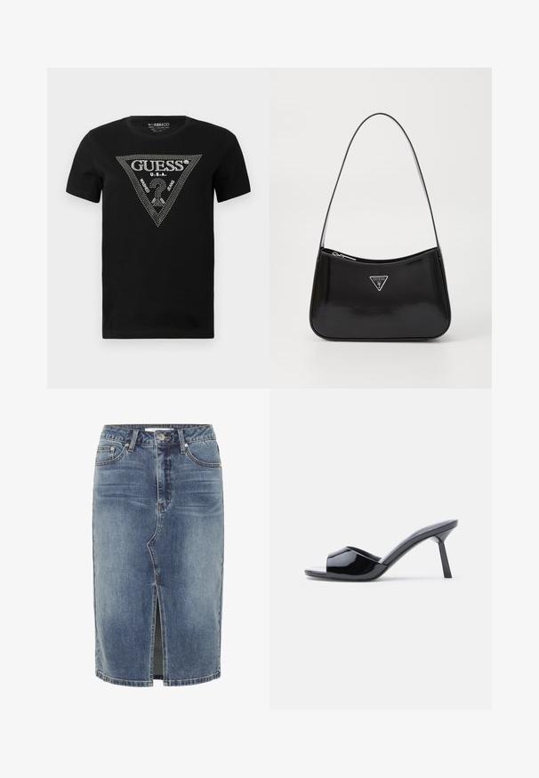 Sort bomulds t-shirt med et rhinestone trekantdesign med "GUESS" og "U.S.A." tekst, rund hals og korte ærmer.; Blå denim nederdel i knælængde med central slids foran, fem-lomme design og knaplukning i taljen.; Sorte laklæder sandaletter med åben tå, der har et buet overdesign og en spids stilethæl. Glat, blank finish.; Sort patenteret læder skuldertaske med en buet form, prydet med et sølvfarvet trekantet logo og en lynlås-lukning. Glat tekstur og slank rem.