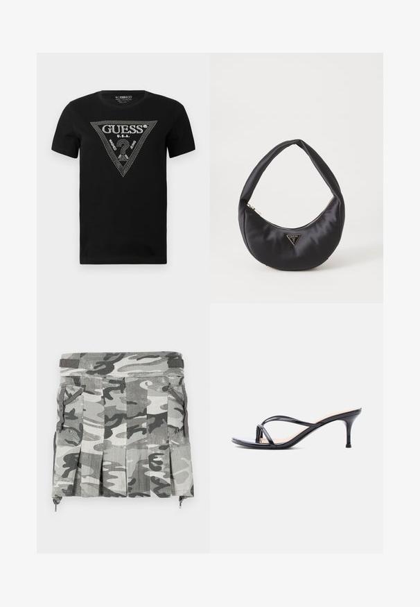 T-shirt en coton noir avec un design de triangle en strass portant le texte "GUESS" et "U.S.A.", col rond et manches courtes.; Jupe à motif camouflage dans des nuances de gris et de noir, avec des plis, deux poches latérales et une fermeture éclair à l'ourlet.; Sandale à talon en cuir verni noir avec fines lanières croisées et talon aiguille moyen et élancé sur fond blanc.; Sac à main en satin noir avec une forme courbée, doté d'une fermeture à glissière et d'un logo triangulaire en métal à l'avant. Texture lisse et design épuré.