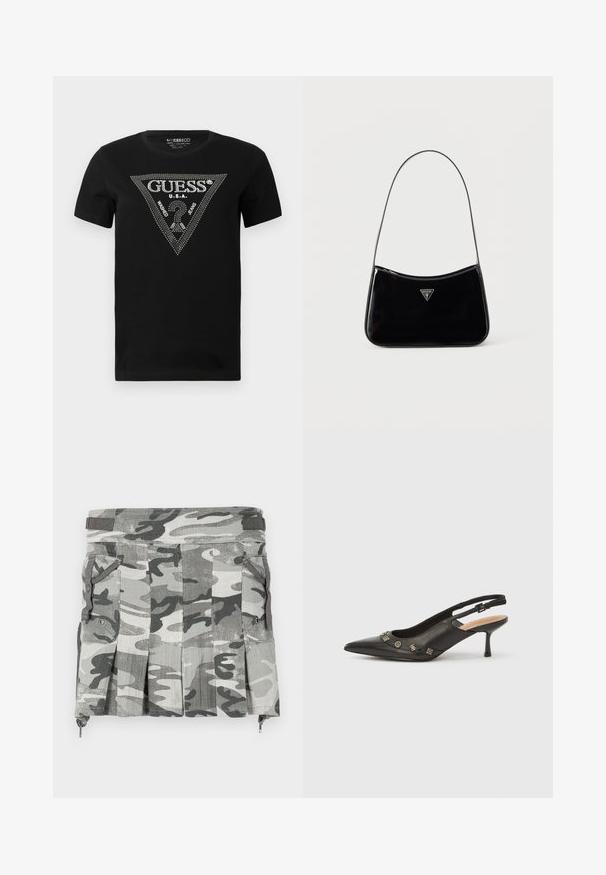 Sort bomulds t-shirt med et rhinestone trekantdesign med "GUESS" og "U.S.A." tekst, rund hals og korte ærmer.; Camouflage-mønstret nederdel i nuancer af grå og sort, med plisseringer, to sidelommer og en lynlåslukning ved kanten.; Sort slingback-pumpe i læder med spids tå, lille hæl og dekorative metalakcenter langs frontåbningen. Glat tekstur.; Sort skuldertaske i laklæder med tynd rem, trekantet Guess-logo foran og lynlåslukning i toppen.