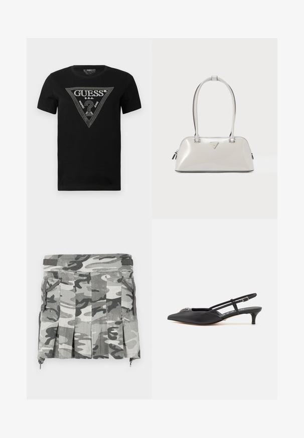 Sort bomulds t-shirt med et rhinestone trekantdesign med "GUESS" og "U.S.A." tekst, rund hals og korte ærmer.; Camouflage-mønstret nederdel i nuancer af grå og sort, med plisseringer, to sidelommer og en lynlåslukning ved kanten.; Sorte slingback-sko med spids tå, lavet af glat materiale, med en lille hæl og en dekorativ sølvaccent på vamps.; Skinnende lysegrå håndtaske med rund form, dobbelthåndtag og et trekantet logo. Har lynlåslukning og metalaccenter.