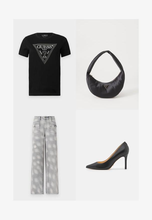 Zwarte katoenen t-shirt met een strass driehoekontwerp met de tekst "GUESS" en "U.S.A.", ronde hals en korte mouwen.; Lichtgrijze denim brede broek met hoge taille, vier zakken en een vervaagd patroon voor een ontspannen pasvorm.; Zwarte leren puntige hakken met een stiletto hak, voorzien van een gladde textuur en een minimalistisch ontwerp. Interieur is gevoerd in een tan kleur.; Zwarte satin handtas met een gebogen vorm, voorzien van een ritssluiting en een driehoekig metalen logo aan de voorkant. Gladde textuur en een slank ontwerp.