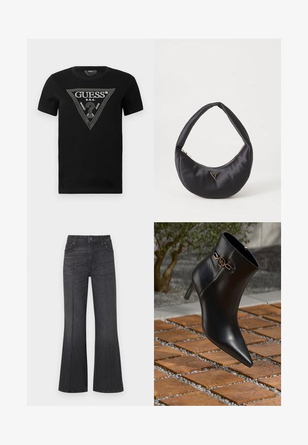 Sort bomulds t-shirt med et rhinestone trekantdesign med "GUESS" og "U.S.A." tekst, rund hals og korte ærmer.; Sorte jeans med vidde forneden og høj talje, udstyret med forlommer og kontrastsyninger langs sømmene, lavet af denimbetræk.; Sort læder ankelstøvle med spids tå og lille hæl. Har en gylden kædeaccent om anklen. Omgivet af en tekstureret stensurface.; Sort satin håndtaske med en buet form, der har en lynlåslukning og et trekantet logo i metal på forsiden. Glat tekstur og slankt design.